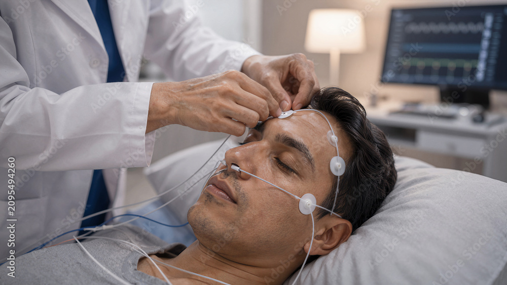 Fototapeta premium Nurse prepares patient for sleep study in a clinical setting in the evening
