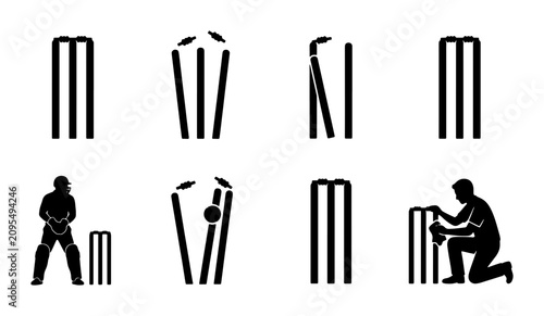 Cricket Wicket Icons Set, Sports Equipment Vector Graphics, Baseball Stumps Collection, Athletic Game Elements, Professional Sport Symbols