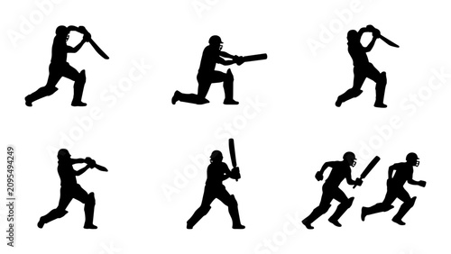 Fotografie Cricket Player Silhouettes: Action Poses, Batting, Running, Fielding, Sports Vec