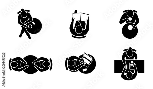 Top View Human Icons, Silhouette Figures Engaged in Activities: Reading, Working, Playing Music, Socializing, Vector Set