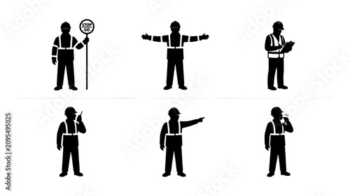 Bild auf Leinwand Construction Worker Icons, Safety Vest Silhouettes, Traffic Control Signals, Ind