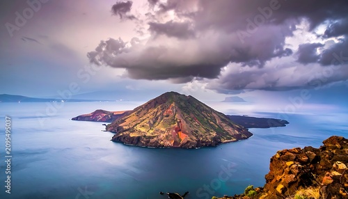 Dramatic volcanic island landscape with ocean.
