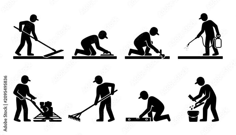 Fototapeta premium Construction Worker Icons: Paving, Tiling, and Maintenance Actions, Set of 8 Vector Graphics for Building and Renovation Projects