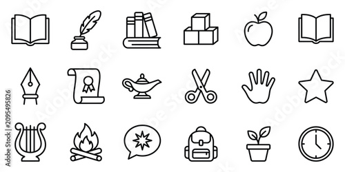Foto Set of education and school line art icons with education learning academic scis