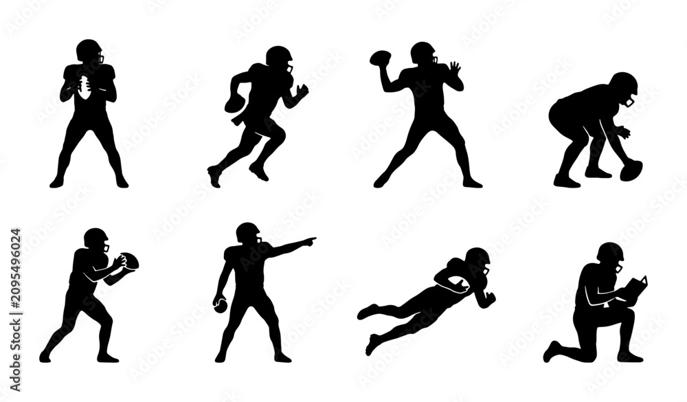 Fototapeta premium American Football Player Silhouettes, Dynamic Action Poses, Gridiron Sport Graphics, Vector Set for Athletic Design