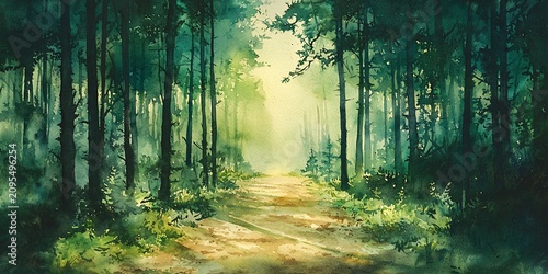 Enchanting forest path leading through pine trees bathed in warm sunlight and natural beauty