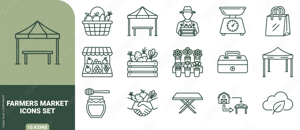 Fototapeta premium Farmers market icon set featuring outline of produce, stalls, farmers, scales, shopping bags, honey, and farm-to-table concepts