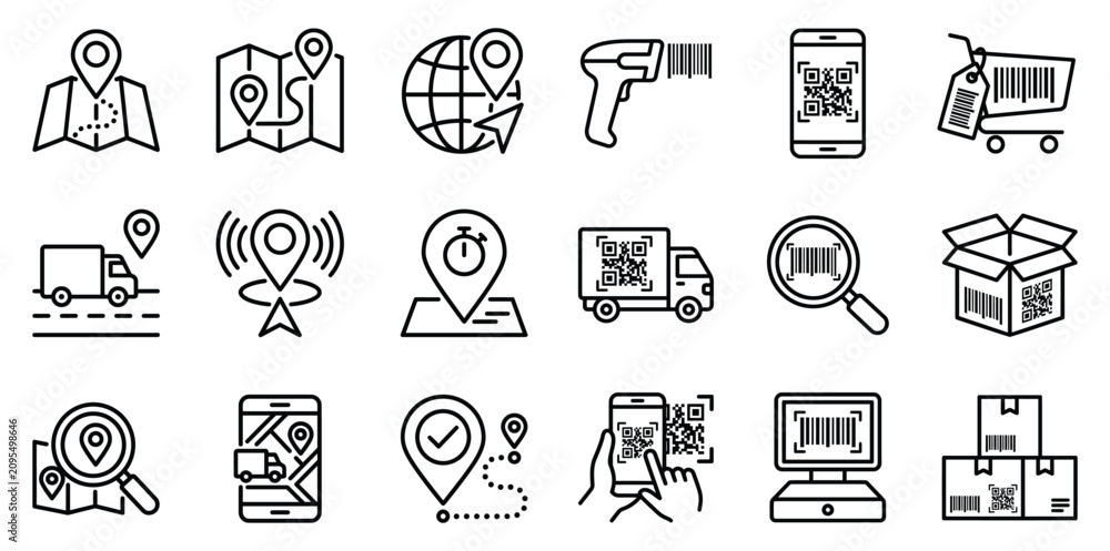 Fototapeta premium Logistics and shipping tracking line icon set with logistics shipping delivery tracking location transport warehouse inventory management
