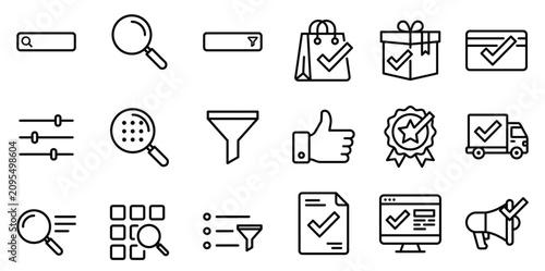 Foto Set of ecommerce and delivery outline icons featuring shopping bags search tools