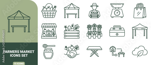 Tableau sur toile Farmers market icon set featuring outline of produce, stalls, farmers, scales, s