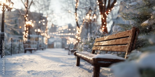 serene winter park scene with snow-covered benches and festive string lights among frosted trees