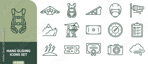 Foto Hang gliding icons set featuring outline of equipment, safety gear, mountain lau