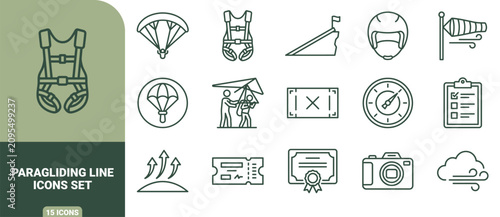 Photos Paragliding and hang gliding line icon set featuring harness, parachute, helmet,