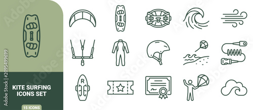 Bild auf Leinwand Set of 15 kite surfing line icons featuring boards, kites, wetsuits, helmets, wa