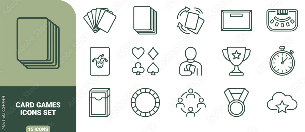 Fototapeta premium Set of 15 linear icons representing card games, casino and gambling, featuring playing cards, poker chips, a dealer, and a trophy