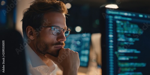 Young male software developer working late at night on multiple computer screens displaying code and programming interfaces in a modern office setting