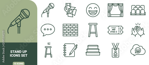 Fotografi Stand-up comedy icon set featuring microphone on stand, stage curtains, brick wa