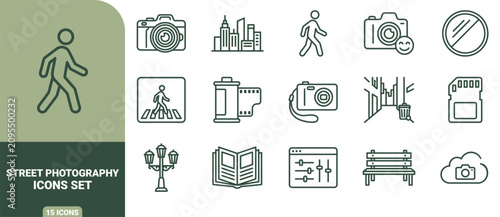 Cuadro en lienzo Street icon set featuring linear symbols of cameras, city landscapes, rolls, mem