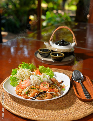 Seafood Pad Thai (Thai dish) with tea set