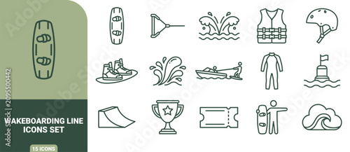 Принти на полотні Wakeboarding line icon set featuring boards, helmets, life vests, water splashes