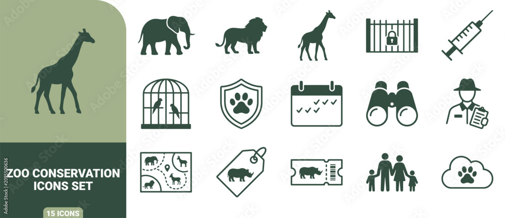 Obraz premium Zoo conservation icon set featuring animals, wildlife protection symbols, zookeeper, binoculars, map, and tickets in dark green flat style