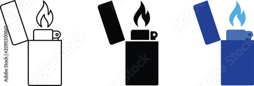 Foto Stylized lighter icons with flame in outline, silhouette, and colored variations