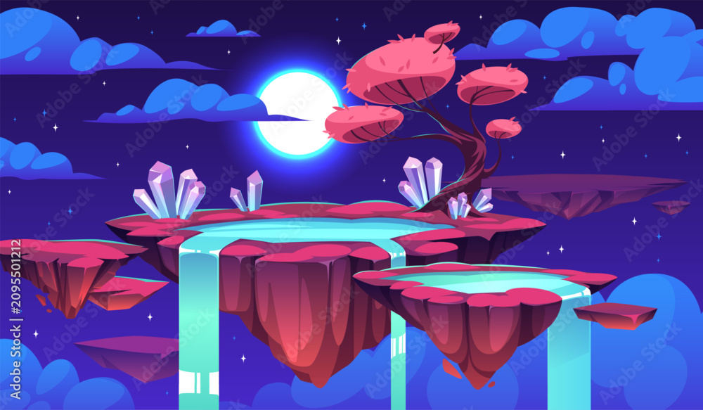 Obraz premium Magical floating island. Crystal lagoon, glowing sakura tree and waterfalls, fantasy night landscape under moonlight, surreal nature scenery, cosmic tidy vector cartoon isolated concept