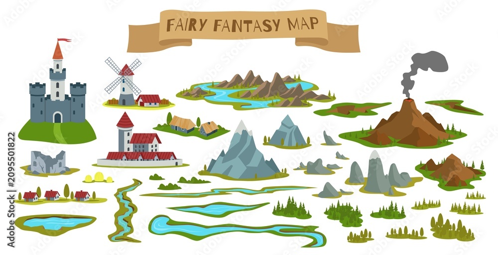 Obraz premium Fantasy map constructor. Castles and villages, mountains or volcano rocks, forests, rivers and lakes, fairytale landscape elements for game adventure qualitative vector cartoon isolated set