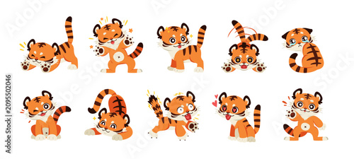 Cute baby tiger character. Cartoon funny wild animal, kawaii mascot, different emotions, playful poses and actions, kids nursery design, stickers collection tidy vector comic isolated set