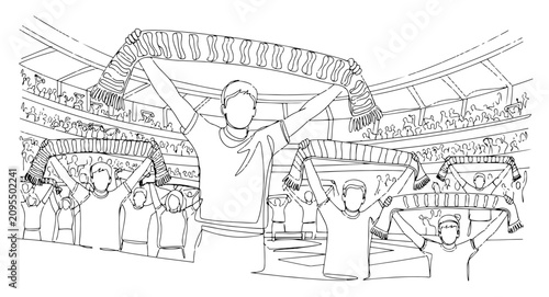 Canvas Print Soccer fans holding up scarves at the stadium in continuous line drawing style
