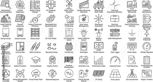 Solar energy and photovoltaic technology line icons set illustrating renewable power generation, grid integration, monitoring, and maintenance systems