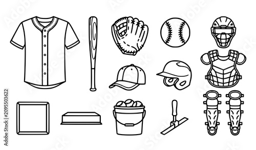 Fotografie Baseball Gear Outline Vector Icon Set