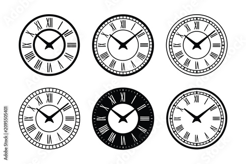 Collection of various clock faces with Roman numerals and black hands and outlines