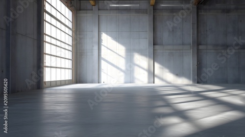 Empty spacious warehouse interior with dramatic morning sunlight casting long shadows across the floor