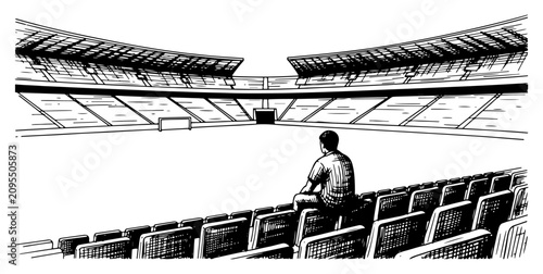 Fotografía Lone spectator sitting in empty stadium grandstands hand drawn sketch style