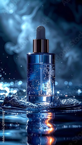 Glass dropper bottle with liquid splashing.