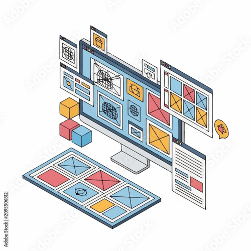 Isometric illustration of modern digital workspace with multiple screens.