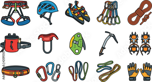 Tableau sur toile Climbing Gear Set with Harness, Helmet, Rope, Gloves and Carabiners Isolated Vec