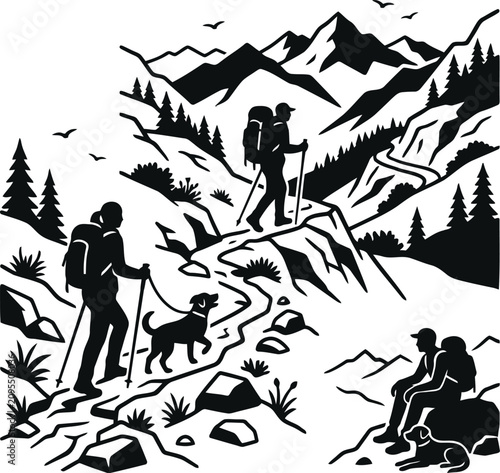 Photos Black and White Mountain Hiking Illustration with Climbers, Snowy Peaks and Wint