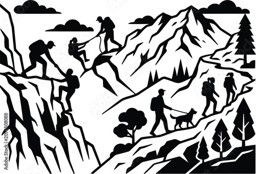 фотографія Black and White Mountain Climbing Adventure Silhouette with Hikers, Ropes, and A