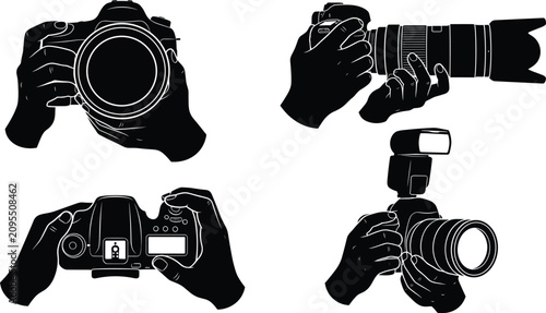 Obraz na płótnie Professional Photographer Hands Holding DSLR Camera with Telephoto Lens and Flas