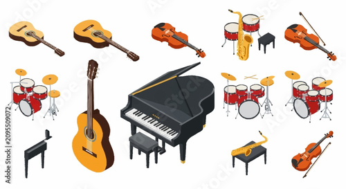 Colorful flat design illustration of various musical instruments.