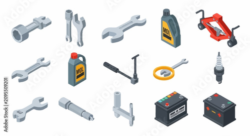 Foto Collection of isometric car tools and automotive accessories.