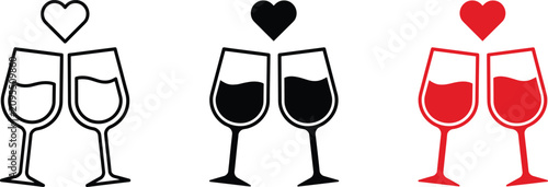Quadro su tela Wine glasses clinking with hearts in outline, silhouette, and red styles
