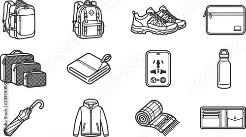 Travel packing essentials icon set with backpack, suitcase, shoes, passport, bottle and accessories