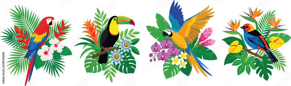 Obraz premium Tropical birds and exotic flowers vector set featuring macaw parrot toucan orchid hibiscus palm leaves jungle floral compositions