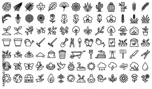 Bild auf Leinwand Botanical Outline Icon Collection Vector with Plants Flowers Gardening and Edita