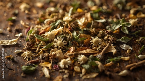 Close-up of scattered dried flowers and herbs on a rustic wooden table, natural botanical background