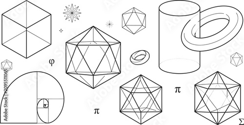 Fotografie Sacred Geometry and 3D Mathematical Polyhedron Shapes Line Icon Set for Science
