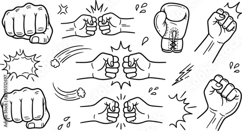 Photos Fist punch boxing glove icon set vector illustration line art doodle with hand s